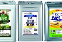 業務用油 油脂の機能・価値に脚光 ㊧から「AJINOMOTOオリーブオイルエクストラバージン」(J-オイルミルズ)、「日清炒め油 焙煎香味タイプ」(日清オイリオグループ)、「キャノーラNEO」(昭和産業)(業務用油 市況)