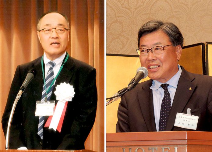 首都圏お菓子ホールセラーズの二木正人新理事長㊧と近畿菓子卸商業組合の上村繁典新理事長