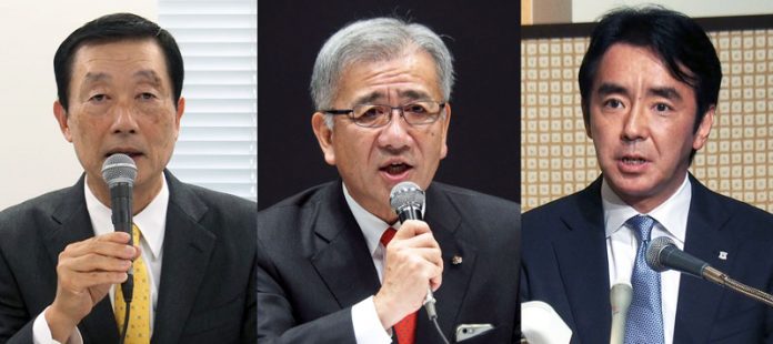 コンビニ決算会見 （左から）ユニー・ファミマHD高柳社長、セブン＆アイHD井阪社長、ローソン竹増社長