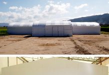 乾物版 自社栽培きくらげを商品化 上:室外栽培棟、下:室内栽培棟での試験を経て本格生産にこぎつけた(ベストプラネット)