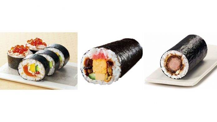 （左から）セブン‐イレブン「華やぎの贅沢恵方巻」、ファミマ「恵方巻」、ミニストップ「ヒレカツ恵方巻（どろソース使用）」