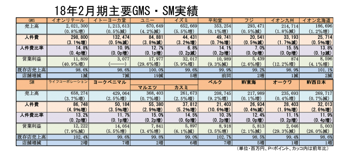 大手量販 ２０１８年２月期業績（ＧＭＳ・ＳＭ）