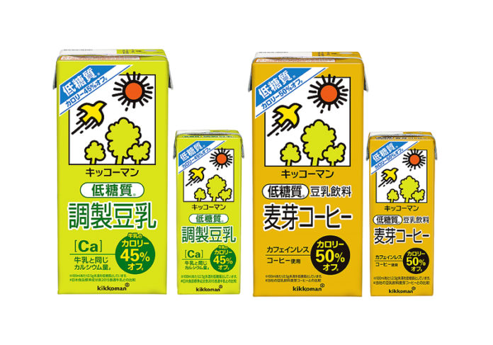 　「低糖質調製豆乳」㊧と「低糖質豆乳飲料麦芽コーヒー」（キッコーマン飲料）