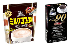 「ミルクココア300g」㊧と「森永ココア カカオ90スティック」(森永製菓)
