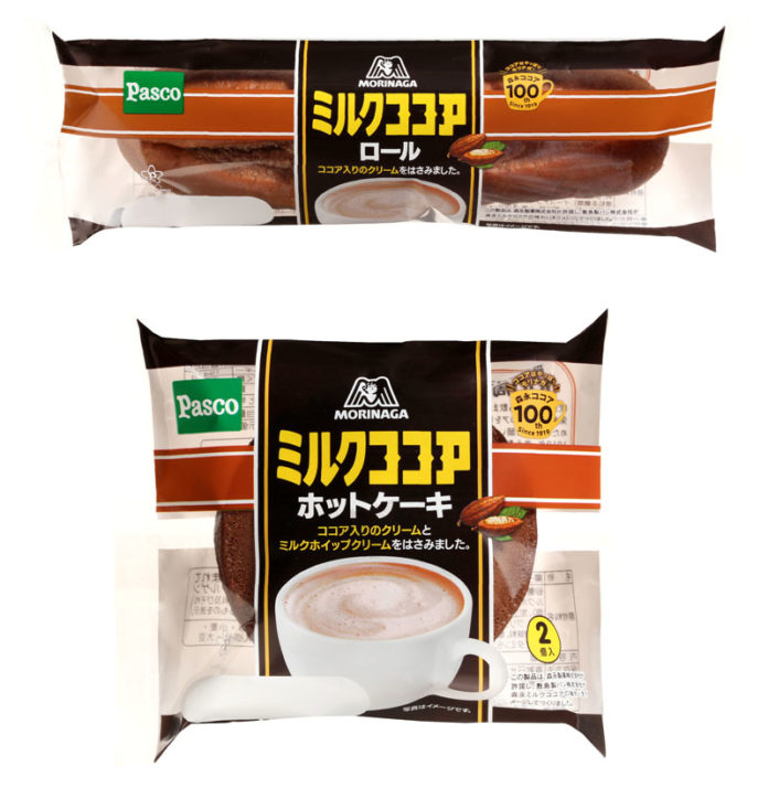 「森永ミルクココアロール」㊤と「森永ミルクココアホットケーキ２個入」（敷島製パン）
