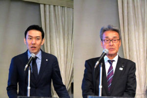 島川基部長(ネスレ日本)とケイエム観光バスの渋谷勉取締役社長