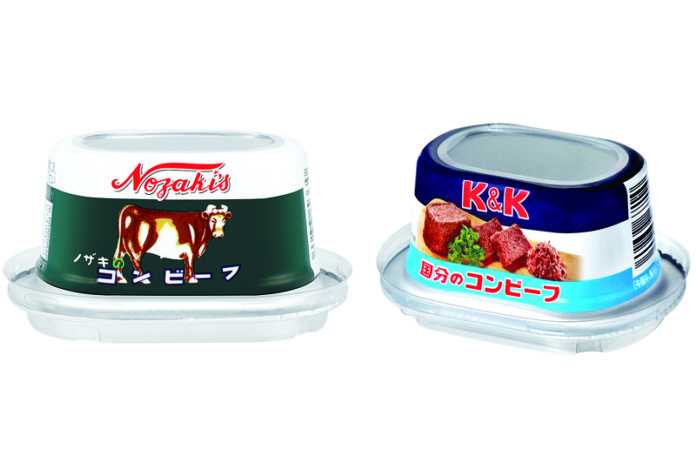 新しくなった「ノザキのコンビーフ」㊧（川商フーズ）と「Ｋ＆Ｋコンビーフ」（国分グループ本社）