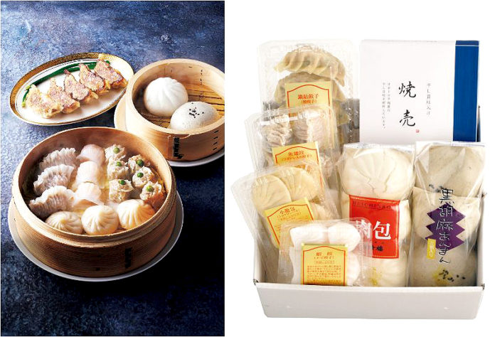 「聘珍樓／飲茶詰合せ」（＝写真、5400円）の肉まんなど、“イエナカ旅気分”をテーマにしたギフトも（そごう横浜店）