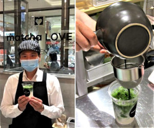 店員が抹茶ドリンクの注文を受けるたびに抹茶をたてて提供する。店頭に立つ特販営業本部百貨店一部第二課の近藤伸吾課長(伊藤園)。