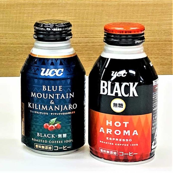 「UCC BLACK ブルーマウンテン＆キリマンジァロ」㊧と「同 無糖 HOT AROMA」（ＵＣＣ上島珈琲）