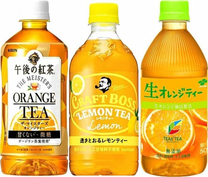 柑橘系の紅茶飲料。（左から）「午後の紅茶 ザ・マイスターズ　オレンジティー」「クラフトボス レモンティー」「TEAs‘ TEA NEW AUTHENTIC生オレンジティー」（伊藤園）
