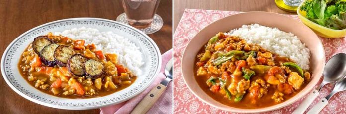 「焼きなすとトマトのカレーライス」㊧と「レタスと豆腐のカレーライス」（豊田市おすすめカレーレシピ）