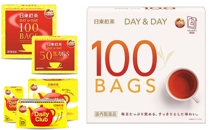 「日東紅茶デイリークラブ」（左下）に類似した旧デザインの「日東紅茶DAY＆DAYティーバッグ」（左上）を新デザイン㊨に刷新（三井農林）
