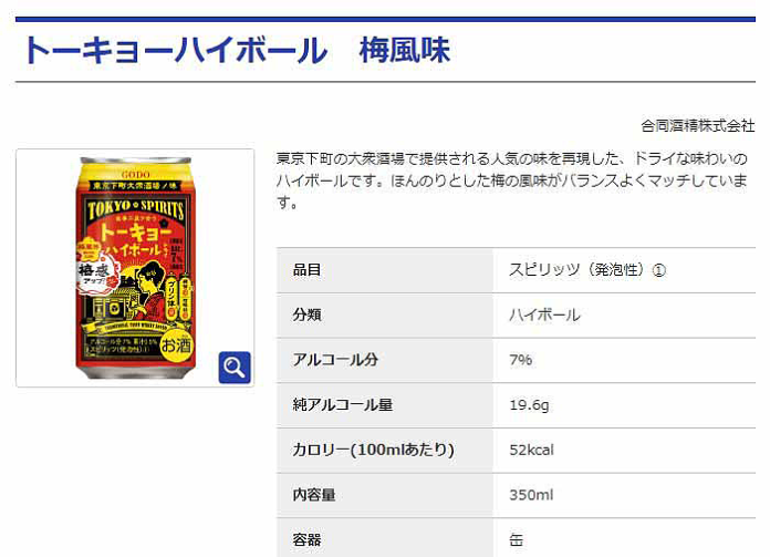 WEBでの表示例（純アルコール量 表示）