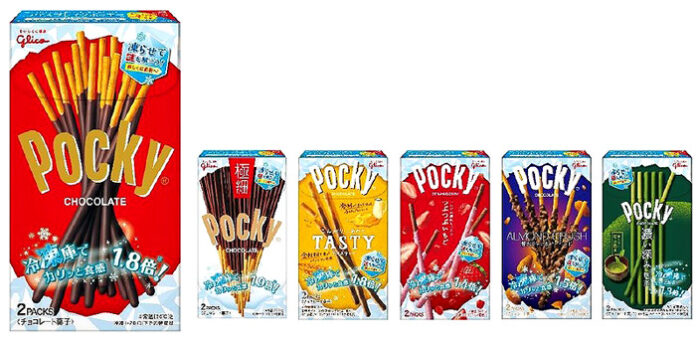 冷やすと絵柄の変化が楽しめる限定デザインの「ポッキー」（江崎グリコ）