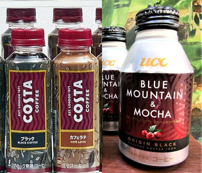 「コスタコーヒー」（コカ・コーラシステム）㊧と「ORIGIN BLACK ブルーマウンテン＆モカ」（UCC上島珈琲）