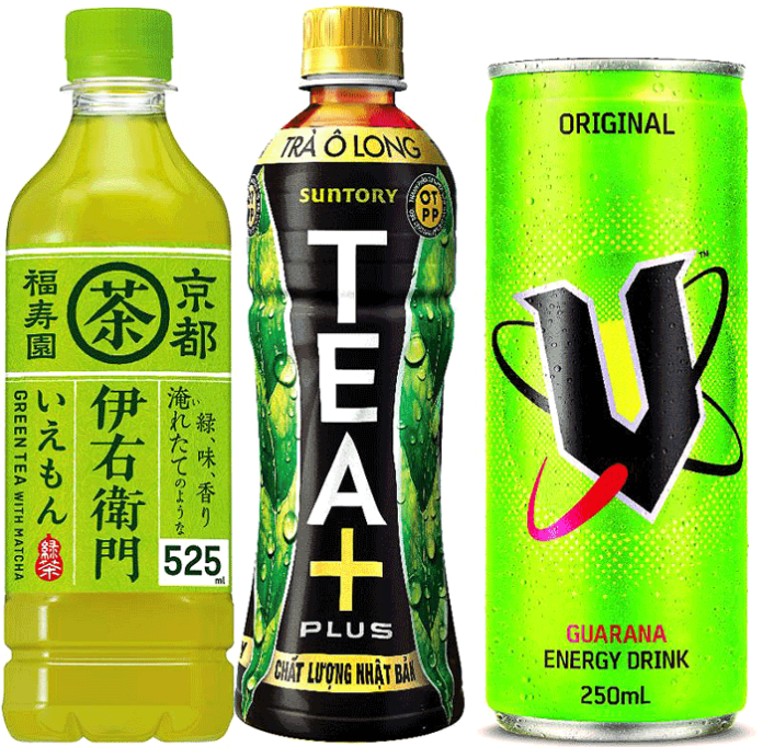 （左から）「伊右衛門」（日本）、「TEA＋」（ベトナム）、「V Energy」（オセアニア）－ サントリー食品インターナショナル