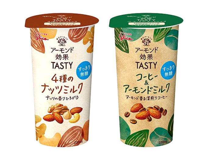 「アーモンド効果TASTY」の「4種のナッツミルク」と「コーヒー＆アーモンドミルク」（江崎グリコ）
