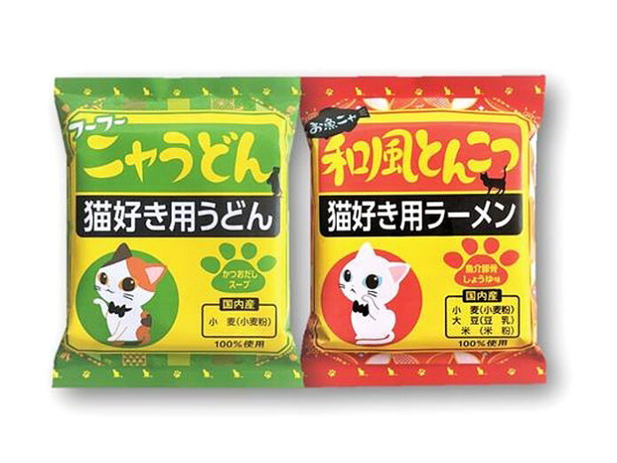 「フーフーニャうどん」と「お魚ニャ和風とんこつラーメン」（猫好き用 小笠原製粉）