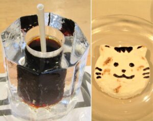 氷でできた特製グラスに入れたアイスコーヒーとひんやりスイーツの1つ「ねこ型ヌガーグラッセ」