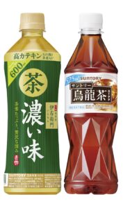 今年、機能性表示食品としてリニューアル発売された「伊右衛門 濃い味」（左）と「サントリー烏龍茶OTPP」