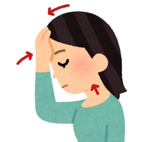 嚥下障害のリハビリトレーニングなどで行われる、おでこを抑えながら下を見て喉を鍛える体操のイラスト©いらすとや