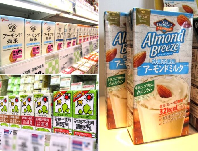 江崎グリコの「アーモンド効果 砂糖不使用」（左上）、ポッカサッポロフード＆ビバレッジの「アーモンド・ブリーズ 砂糖不使用」（右）、キッコーマンソイフーズは「砂糖不使用 調製豆乳」など（左下）