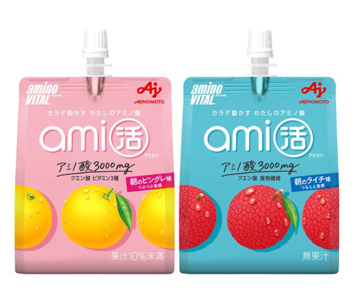 「アミノゼリー ami活 ピングレ味」「同 ライチ味」