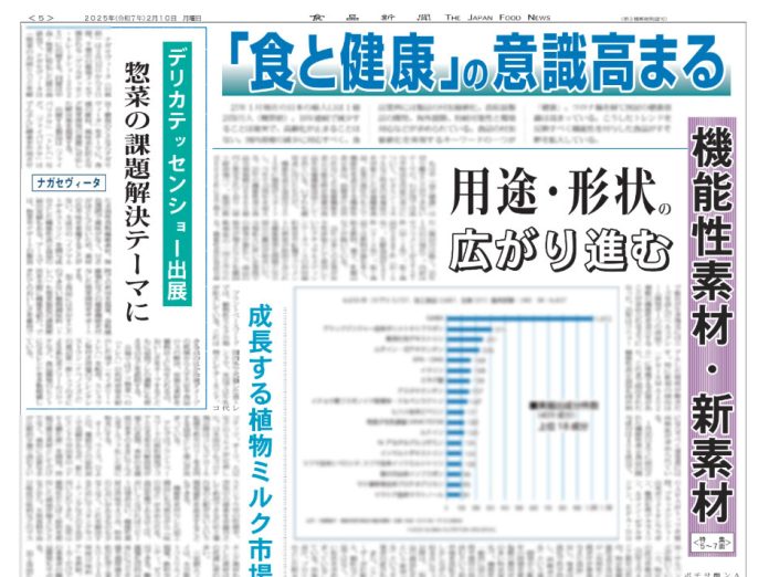 "「食と健康」意識高まる　用途・形状の広がり進む　成長する植物ミルク市場 ・三栄源エフ・エフ・アイ　抗酸化力40～60倍のスーパービタミンＥ　「トコトリエノール製剤」上市 ・松谷化学工業　勝田康夫執行役員　希少糖アルロースに新機能　疲労回復、パフォーマンス向上を確認 ・ナガセヴィータ　デリカテッセンショー出展　惣菜の課題解決テーマに ・アピ　エンドウ豆由来の糖化液　ＰＢＦ原料で新製品開発 ・東洋新薬「大麦若葉末」で睡眠訴求　国内初の機能性表示食品が続々 ・東海物産　イミダペプチド　サプリから食品まで利用進む ・ニップン　オリーブ果実マスリン酸　水分散性向上の新グレード追加"