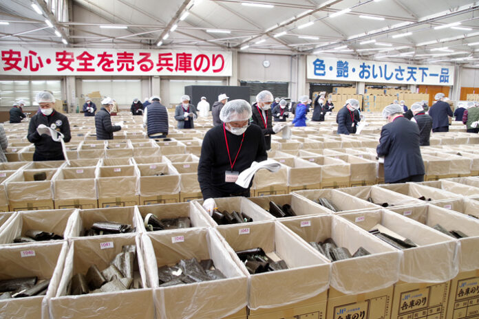 乾海苔共販の見付け（兵庫県漁業協同組合連合会 のり流通センター、25年3月11日）