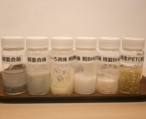 ケミカルリサイクルでは不純物が混ざったフレークを受け入れフレークを化学的に分子レベルへ解重合分解しその後脱色金属イオン除去晶析を経て純度の高い精製BHETに仕上げていく次に再び加熱して重合しリサイクルPET原料を製造する ケミカルリサイクルでは、不純物が混ざったフレークを受け入れ、フレークを化学的に分子レベルへ解重合(分解)し、その後、脱色・金属イオン除去・晶析を経て純度の高い精製BHETに仕上げていく。次に再び加熱して重合しリサイクルPET原料を製造する。