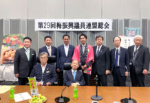 「梅議連」が総会 各産地から現状と振興策報告 二階俊博氏(前列中央)、山本秀平氏(後列中央)、中田吉昭氏(同右から2番目)