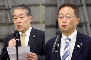 ㊧古市尚久理事長大森本場乾海苔問屋協同組合㊨鈴木晶雅区長大田区 ㊧古市尚久理事長(大森本場乾海苔問屋協同組合)/㊨鈴木晶雅区長(大田区)