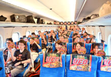 車内で「日清焼そばU.F.O.」堪能 新幹線「ソースエクスプレス」 シュールなCM再現 「U.F.O.」ファンが集結