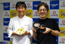ケンミン食品 ・初のグルテンフリー駅弁 ・万博内で数量限定発売 左・高村祐輝ケンミン食品社長、右・柳本雄基淡路屋副社長