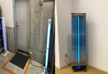 縦型なので、広範囲で虫を強力捕獲 簡単に設置でき、ランニングコストも低減 オザックス ㊧物流倉庫の入り口に設置された「捕虫ポール」/㊨ステンレスの前カバーが付いた「捕虫ポールW(ワイド)」