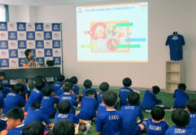 日清オイリオグループ 横浜F・マリノス「ジュニアサッカーキャンプ」で栄養講習会 成長期を迎える子供たちの身体づくりを応援 ジュニア年代選手に食事の重要性を説明(©1992 Y.F.MARINOS)