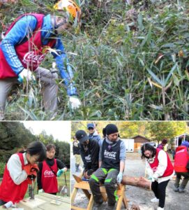 笹狩りの様子上と木工体験の様子下 笹狩りの様子(上)と木工体験の様子(下)