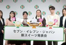 セブン-イレブン スイーツ売場を全面刷新 「しあわせ食感」3年で売上倍増へ (左から)飯野めぐみベーカリー・スイーツ部チーフマーチャンダイザー、ぼる塾、綱啓永さん、羽石奈緒氏