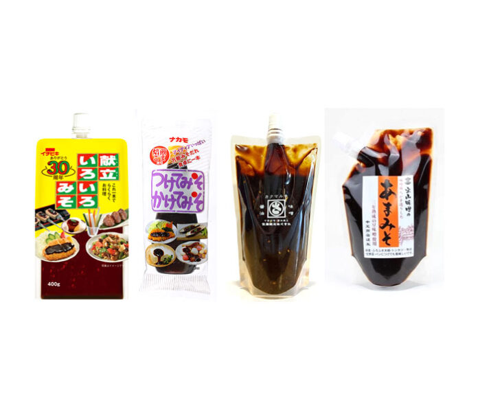 左から「献立いろいろみそ」（イチビキ）、「つけてみそかけてみそ」（ナカモ）、「みそだれ一番」（佐藤醸造）、「あまみそ」（中定商店）