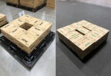 ぼんち、米菓・スナックの物流効率化 手積みからパレット積みに移行し積載効率を改善 外部倉庫は集約化 パレット積載・改善前(左)と改善後(右)