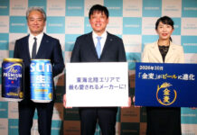 サントリー東海・北陸営業本部 酒税改正睨みビール布陣強化 プレモル・サン生・金麦に注力 地区方針発表会で(左から)多田寅常務執行役員ブランド部門長、尾関弘樹本部長、津田麻子専務