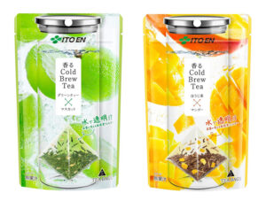 「香るCold Brew Tea」シリーズの新フレーバー2種「グリーンティー×マスカット」(左）、「ほうじ茶×マンゴー」