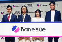 スーパーのカネスエ 創業125年へブランド刷新 ロゴ、ユニフォームも (左から)牛田喜博社長、ミスオオジャさん、宮﨑優さん、岡田喜則社長