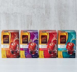 左から「プレミアム ブレンド」（5袋入・税込627円）「京都ブレンド」（同）「モカ ブレンド」（同）「コロンビア ウィラ」（5袋入・税込735円）