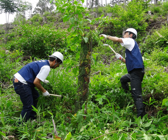 植樹した木の下草刈りをする髙松富也社長㊨