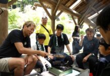 群馬クレインサンダーズ谷口大智選手がファンとコーヒー焙煎体験 味の素AGFが森ならではの深いコーヒー体験を提供 コーヒー焙煎を体験した群馬クレインサンダーズの谷口大智選手(左)