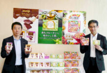 明治 チーズ×カカオで新市場創出 「十勝」35周年でブランド強化 秋冬新商品 道家民樹執行役員事業本部長㊧と中原秀之フローズン・食品事業部長
