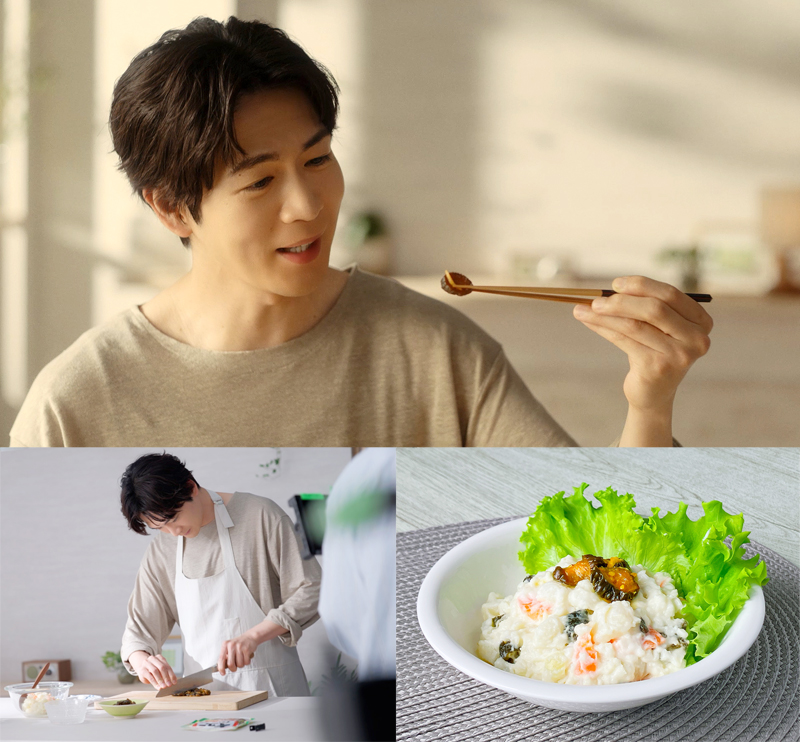 「キューちゃん」の食感を楽しむ松下さん㊤/手際よく「キューちゃん」を刻む松下さん/新提案「キューちゃんポテトサラダ」