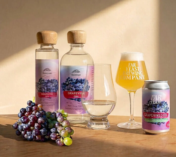 クラフトジン「Azeotrope Grapevine GIN」㊧とクラフトビール「Far Yeast Grapevine 2026」